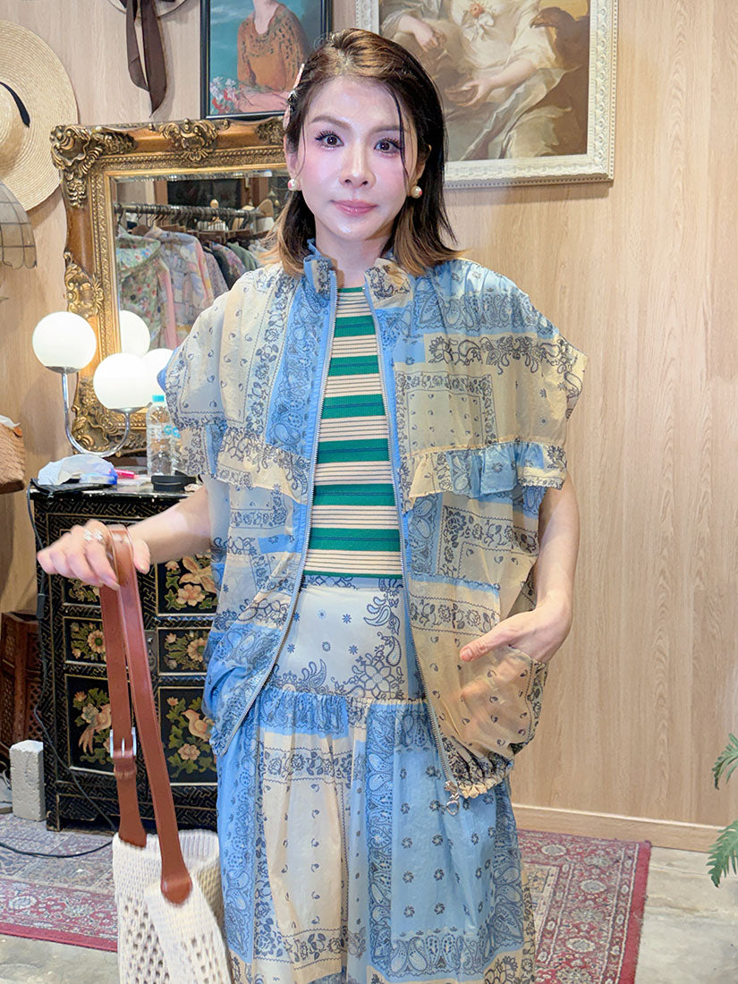 Scarf Printed Drawstring Hem Zip Up Vest Jacket
