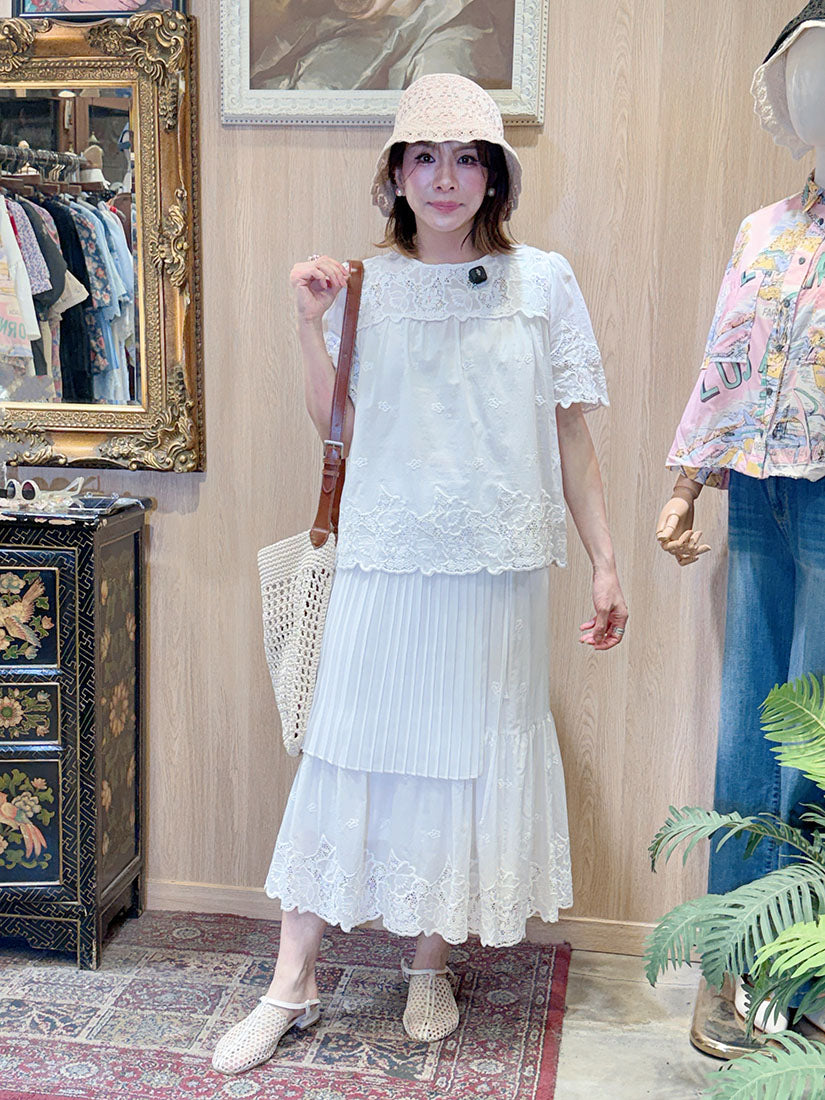 Embroidered Lace Hem Skirt With Pleated Waist Scarf(3 Colours)