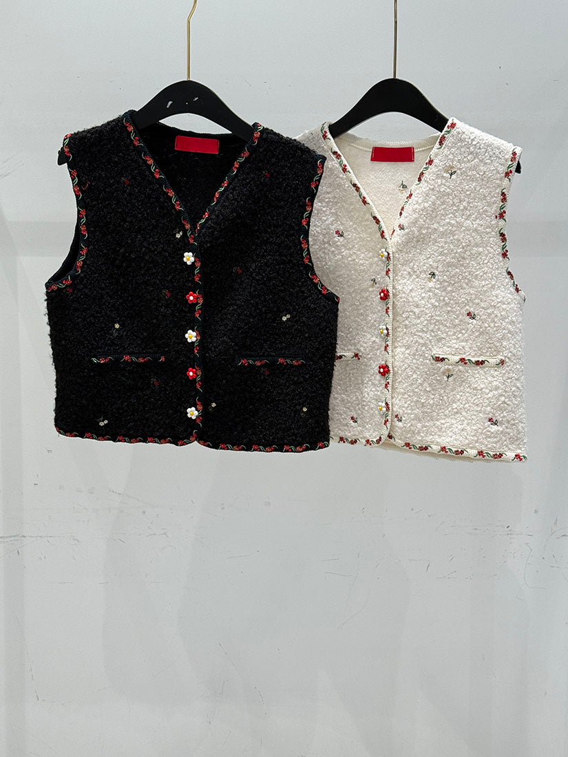 Floral Shearling Trim Vest with Floral button (2 Colours)