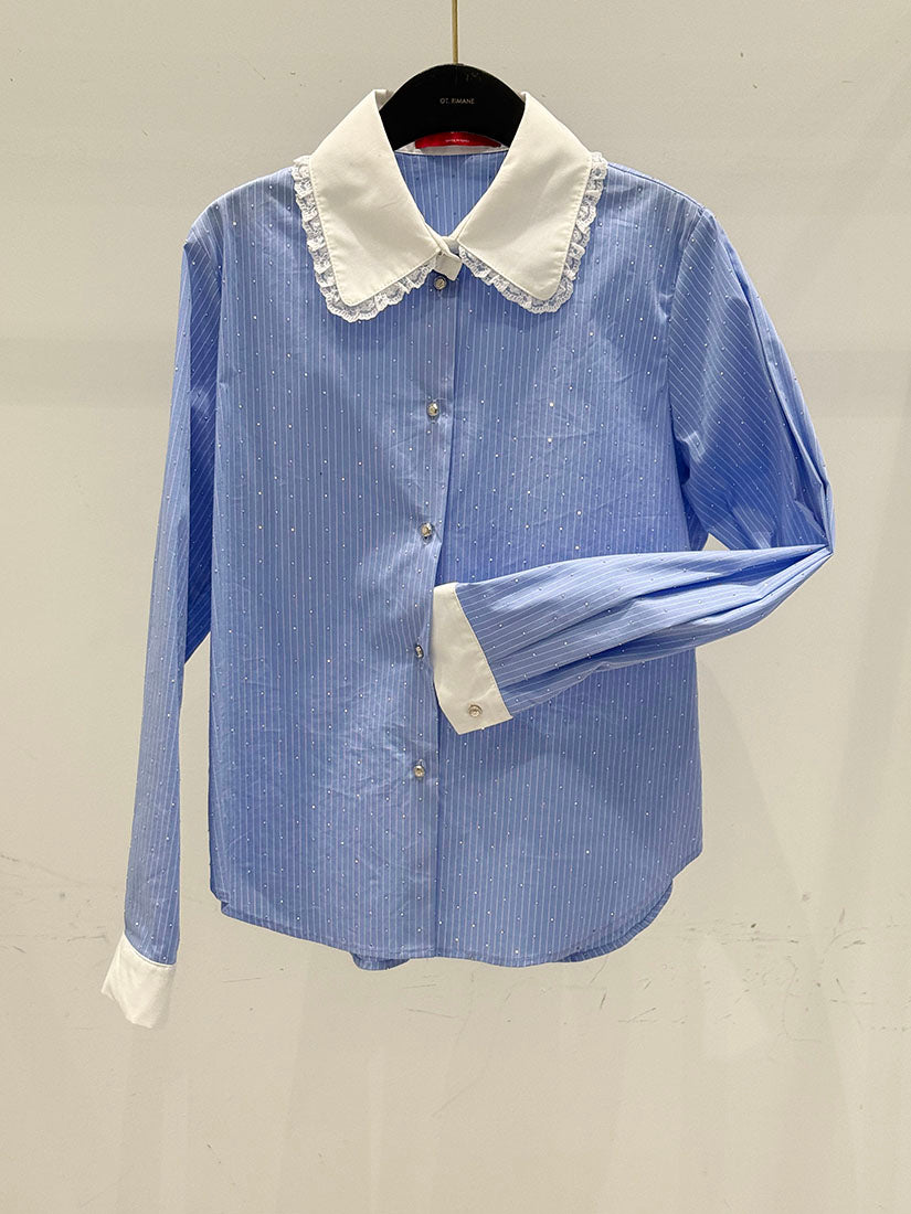 Ruffle Collar Stripe with Silver Dimond Blue Shirt