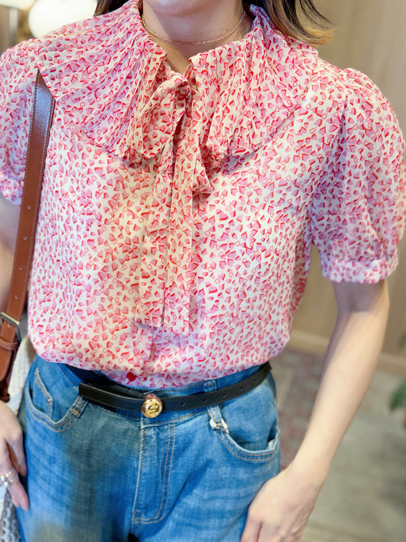 Heart Printed Tie Neck Blouse(2 Colours)