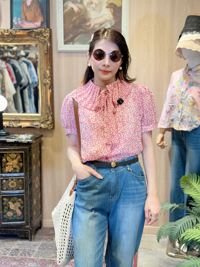 Heart Printed Tie Neck Blouse(2 Colours)