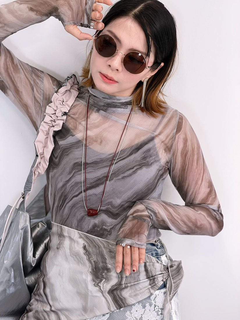 Mable Printed Mesh Top With Scarf (3 Colours)