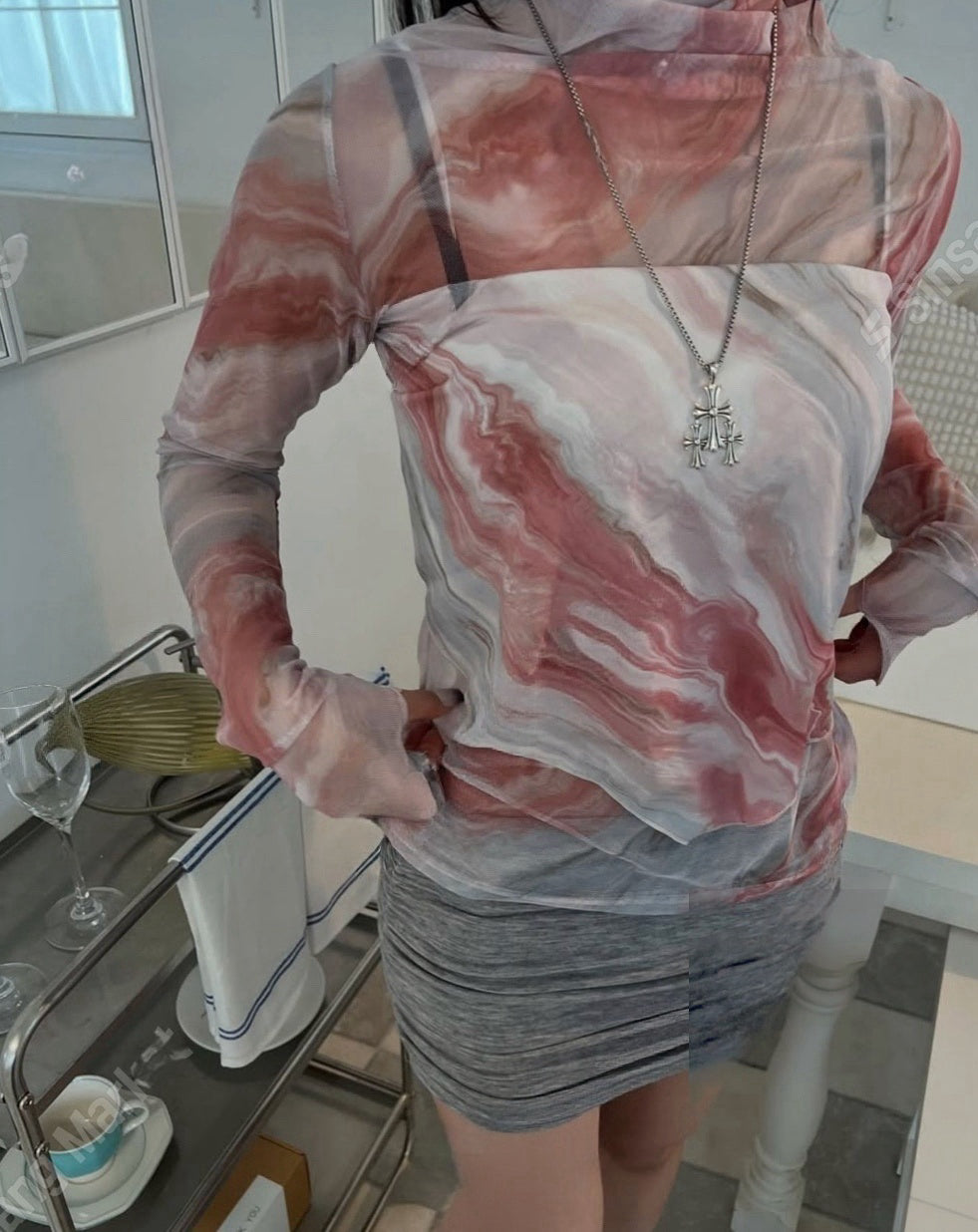 Mable Printed Mesh Top With Scarf (3 Colours)