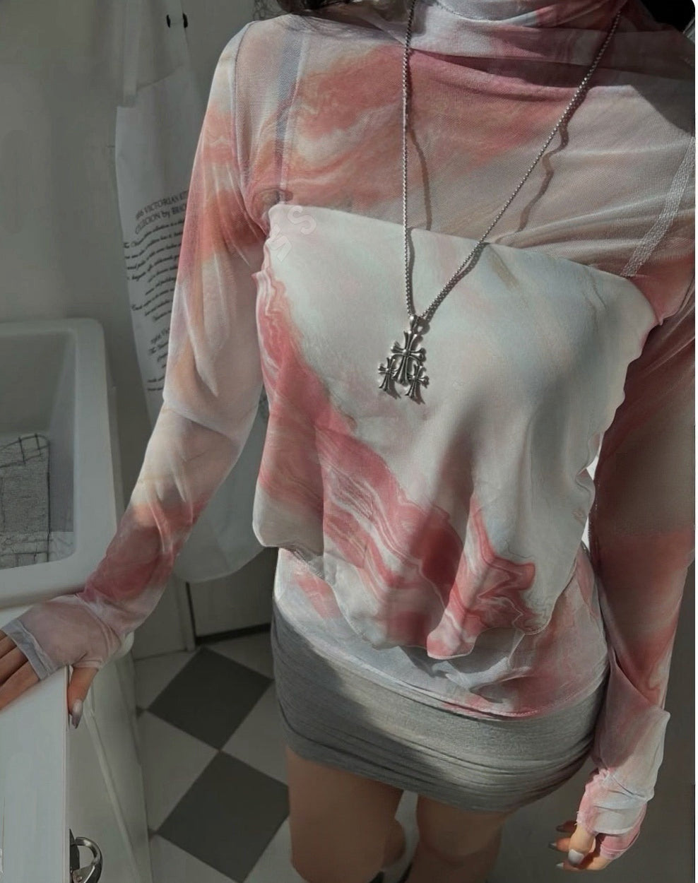 Mable Printed Mesh Top With Scarf (3 Colours)