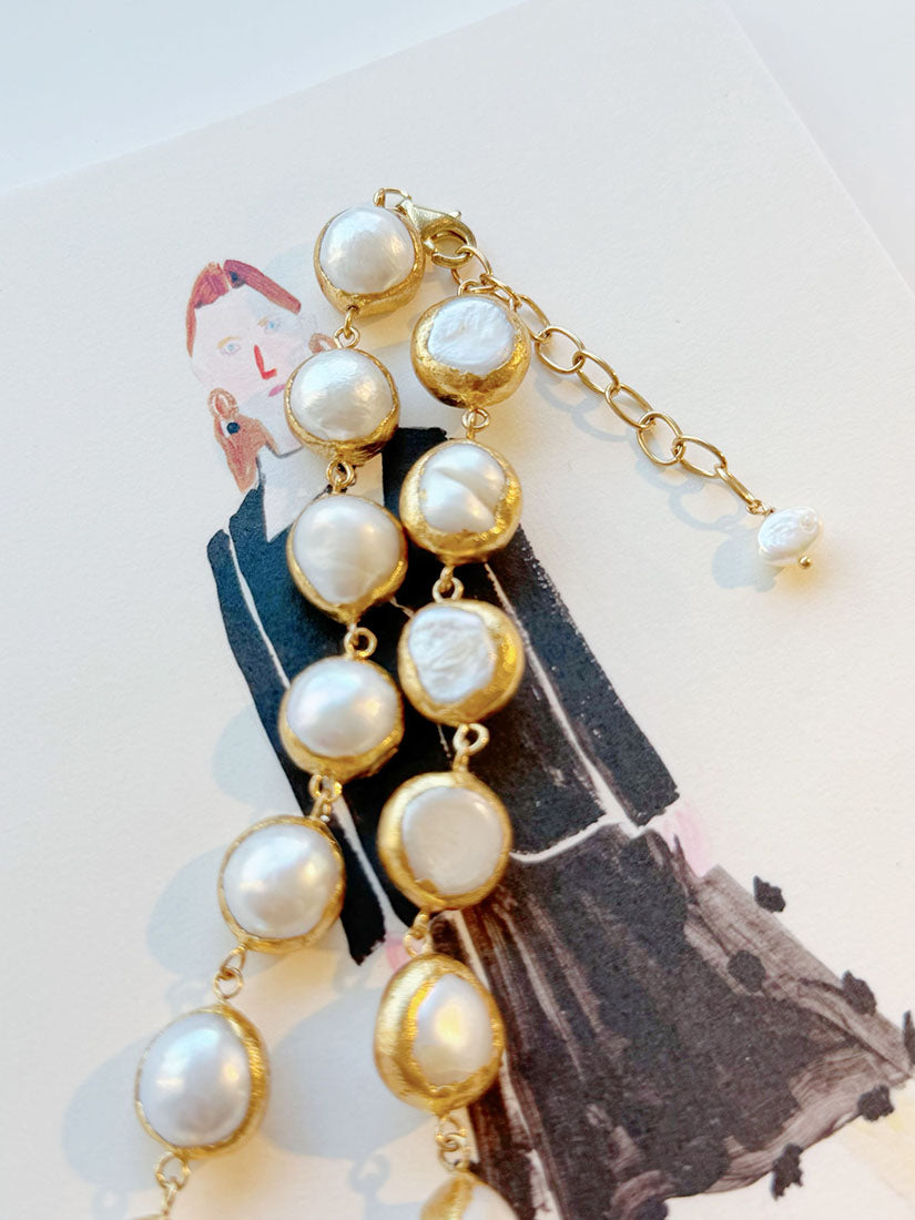Golden Rimmed Coin Pearl Necklace