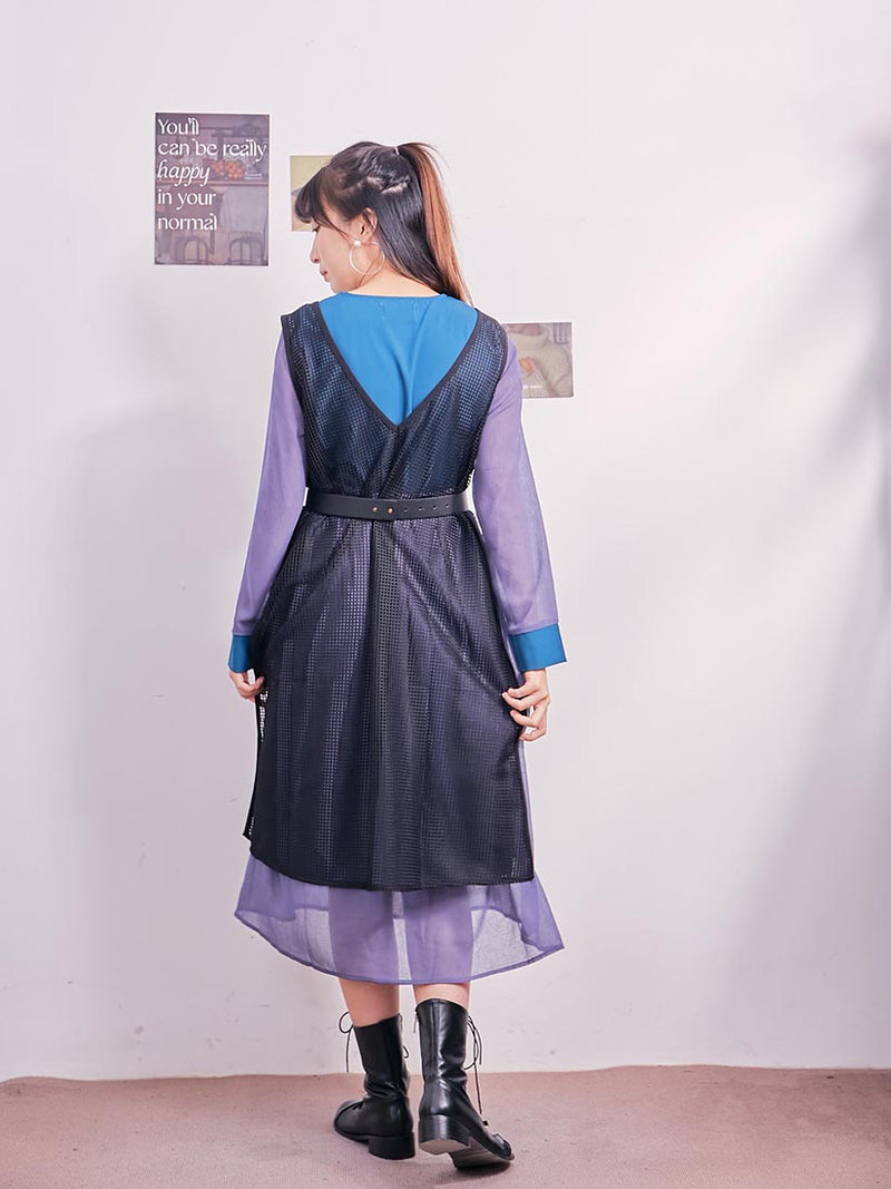 Mesh Vest Overlay Chiffon Dress Set (2 Colours)