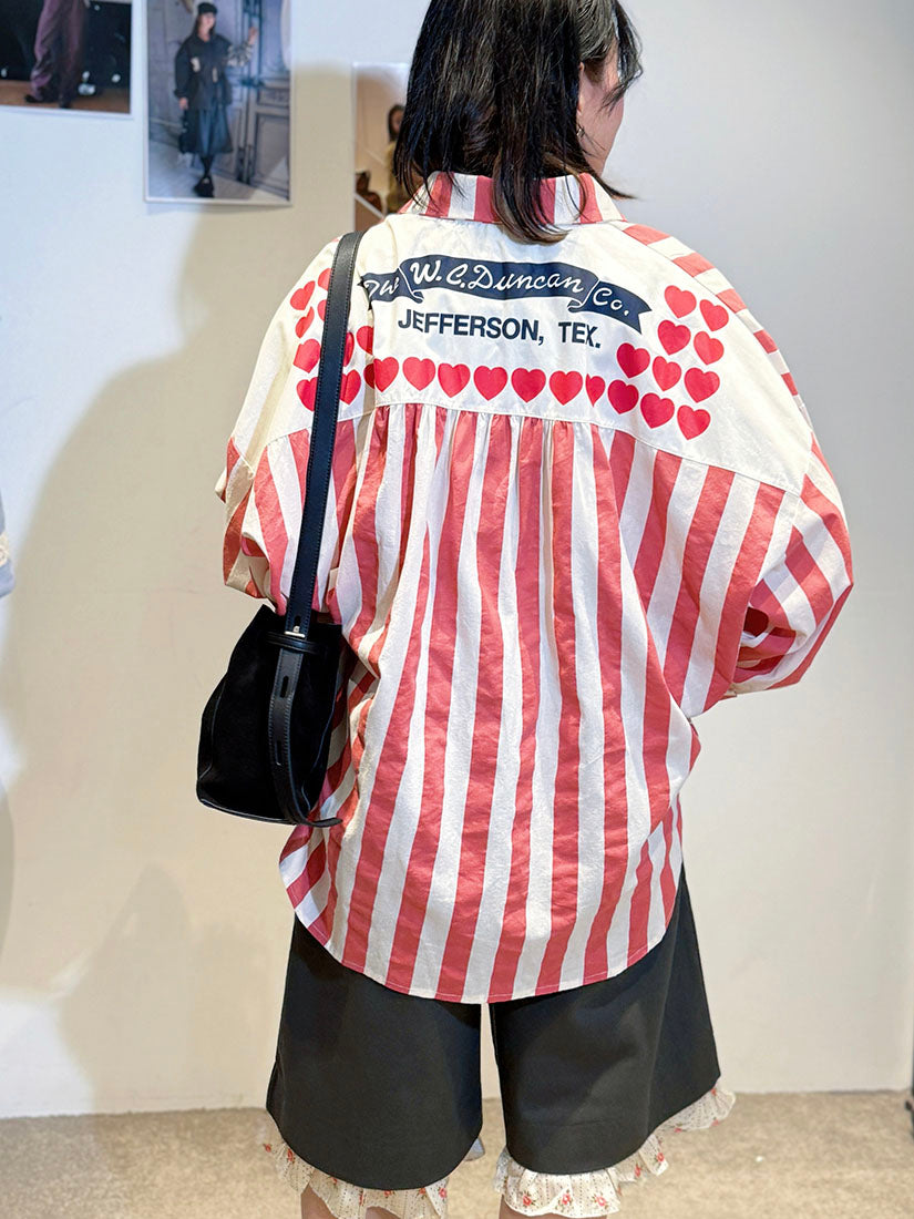 Heart Printed Back Yoke Striped Shirt (2 Colours)