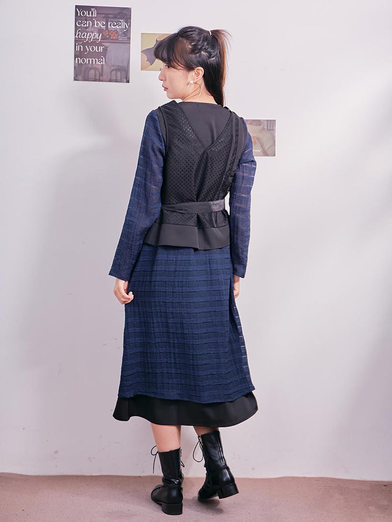 Lace Vest Overlay Textured Stripes Dress Set (2 Colours)