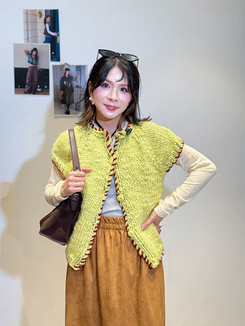 Chunky Contrast Whipstitch Cape Sleeve Cardigan (2 Colours)
