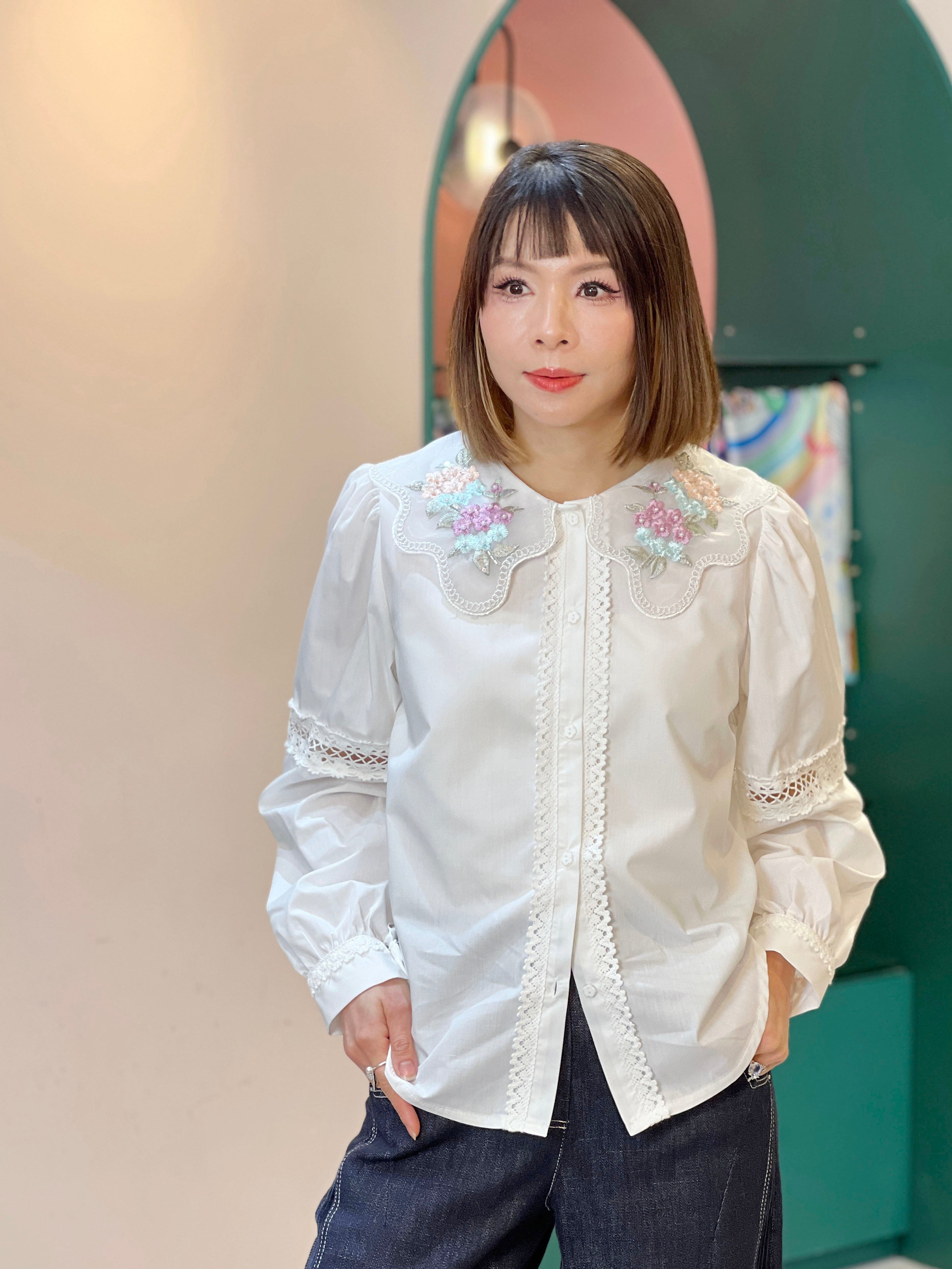 Embroidered Organza Collar Lace Trim Blouse