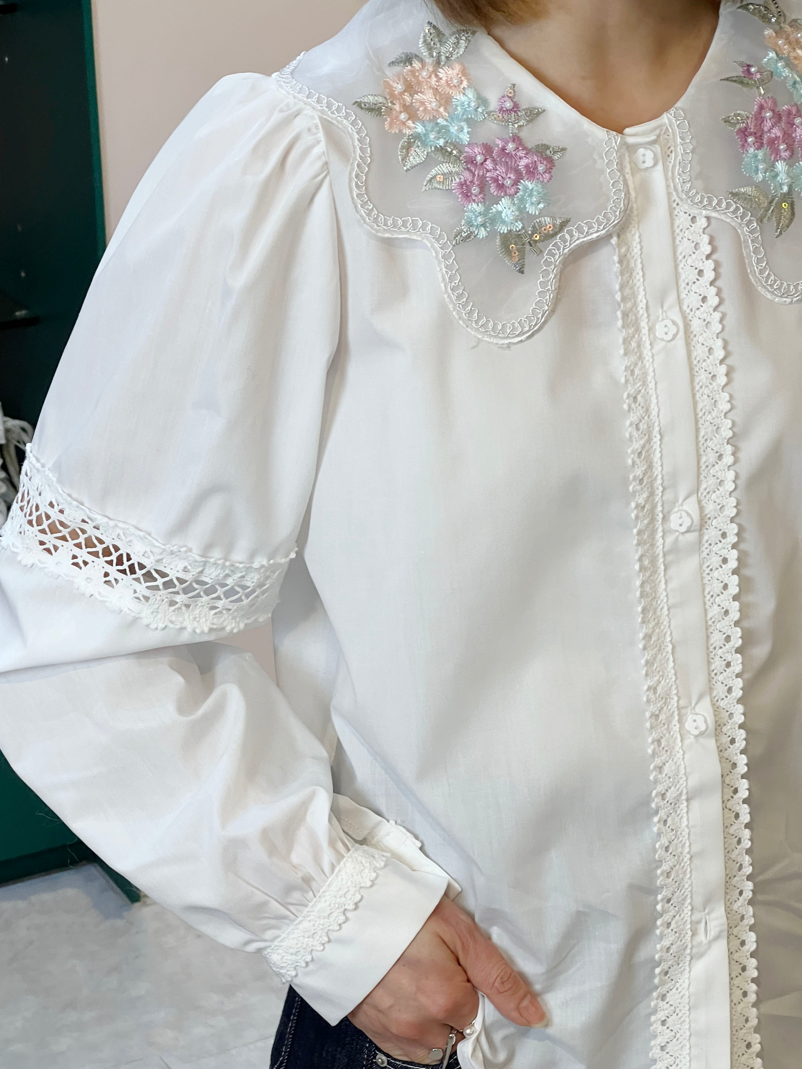 Embroidered Organza Collar Lace Trim Blouse