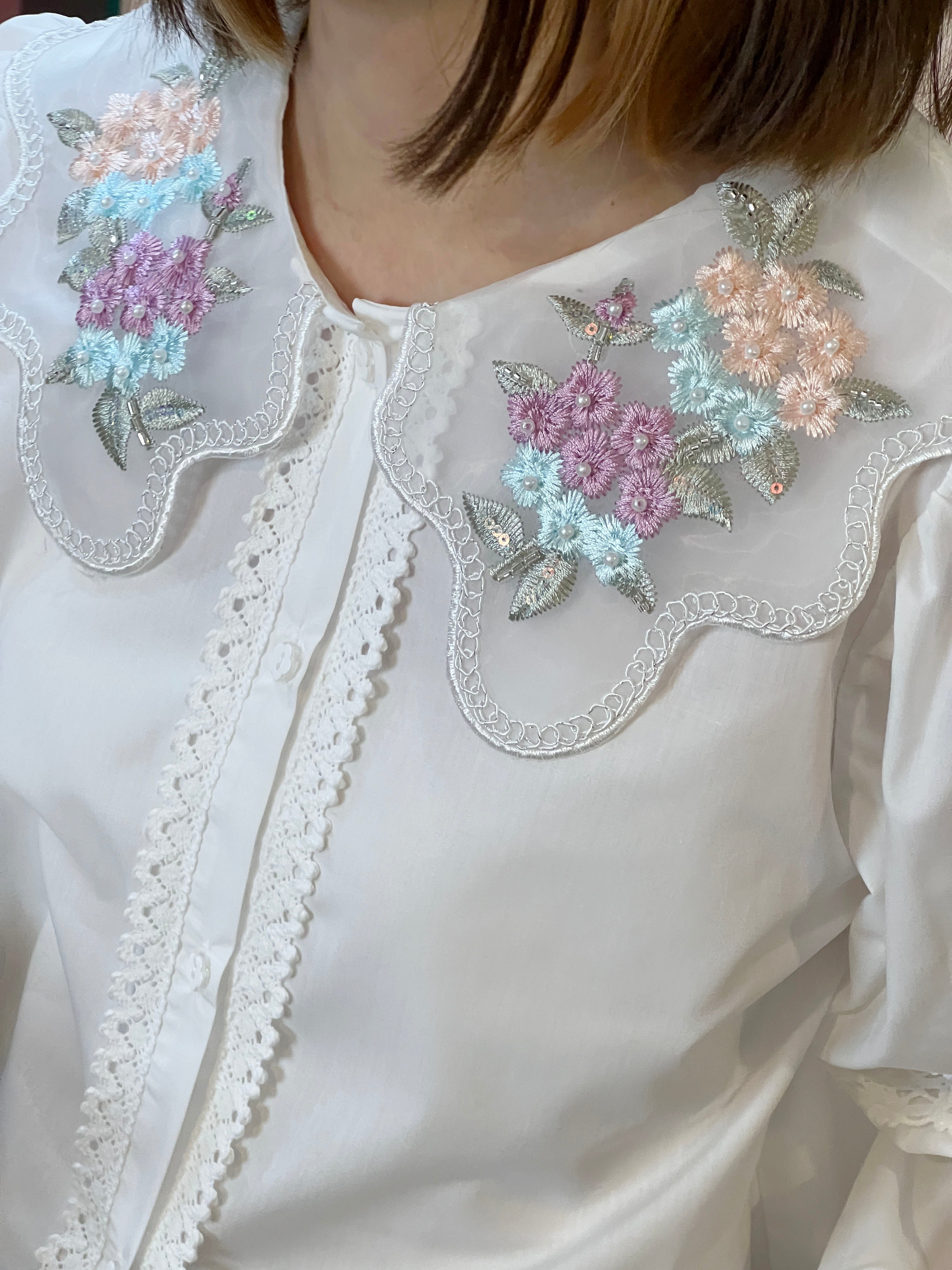 Embroidered Organza Collar Lace Trim Blouse