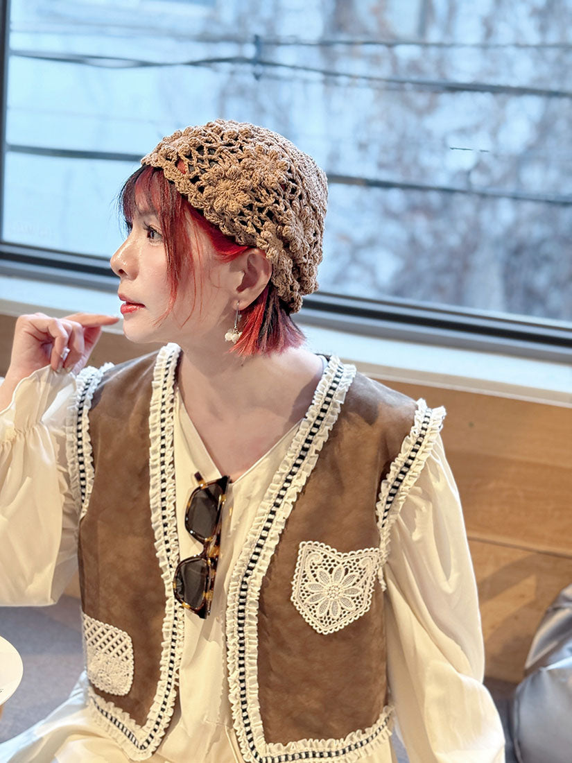 Lace Pocket Patched Suede Vest