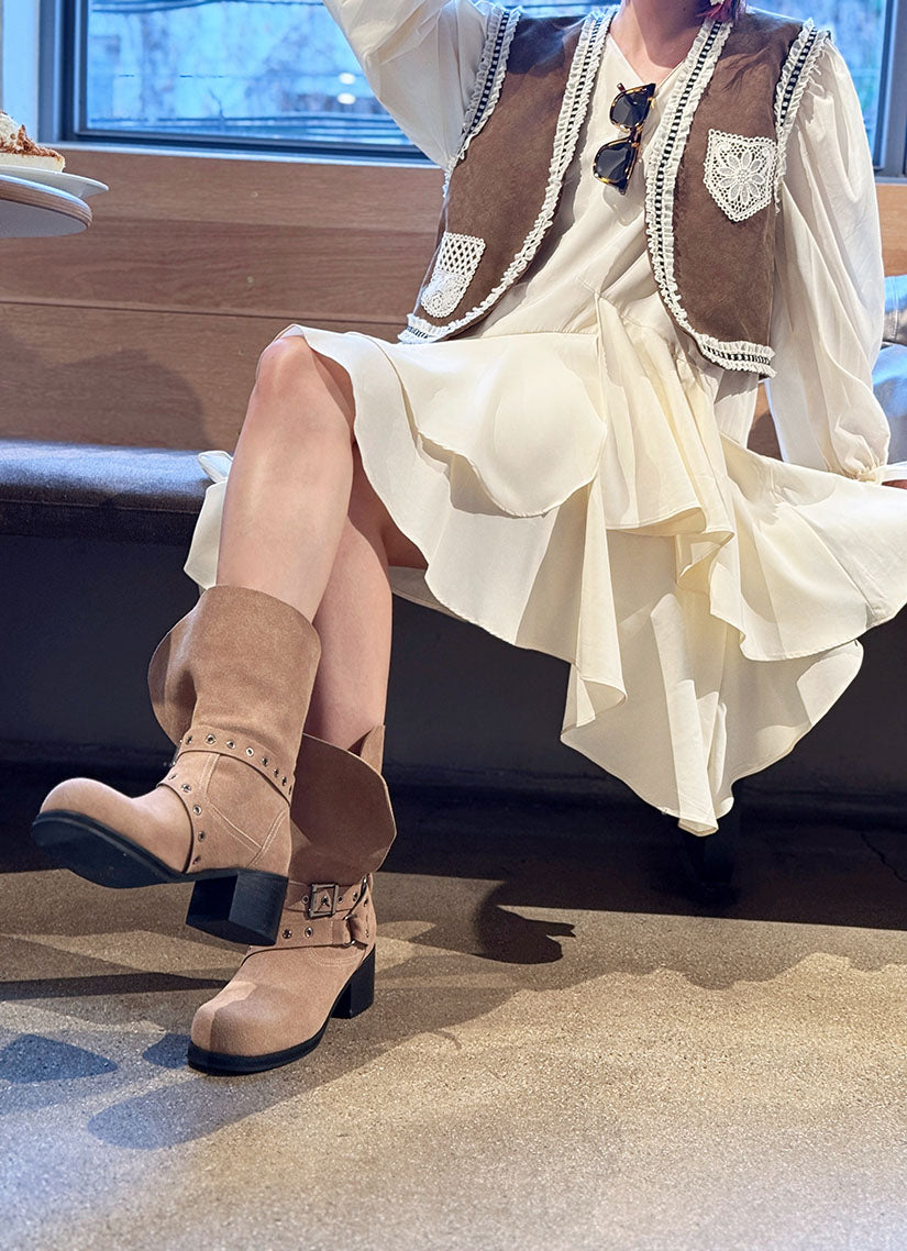Leather Folded Suede Ankle Boots(2 Colours)