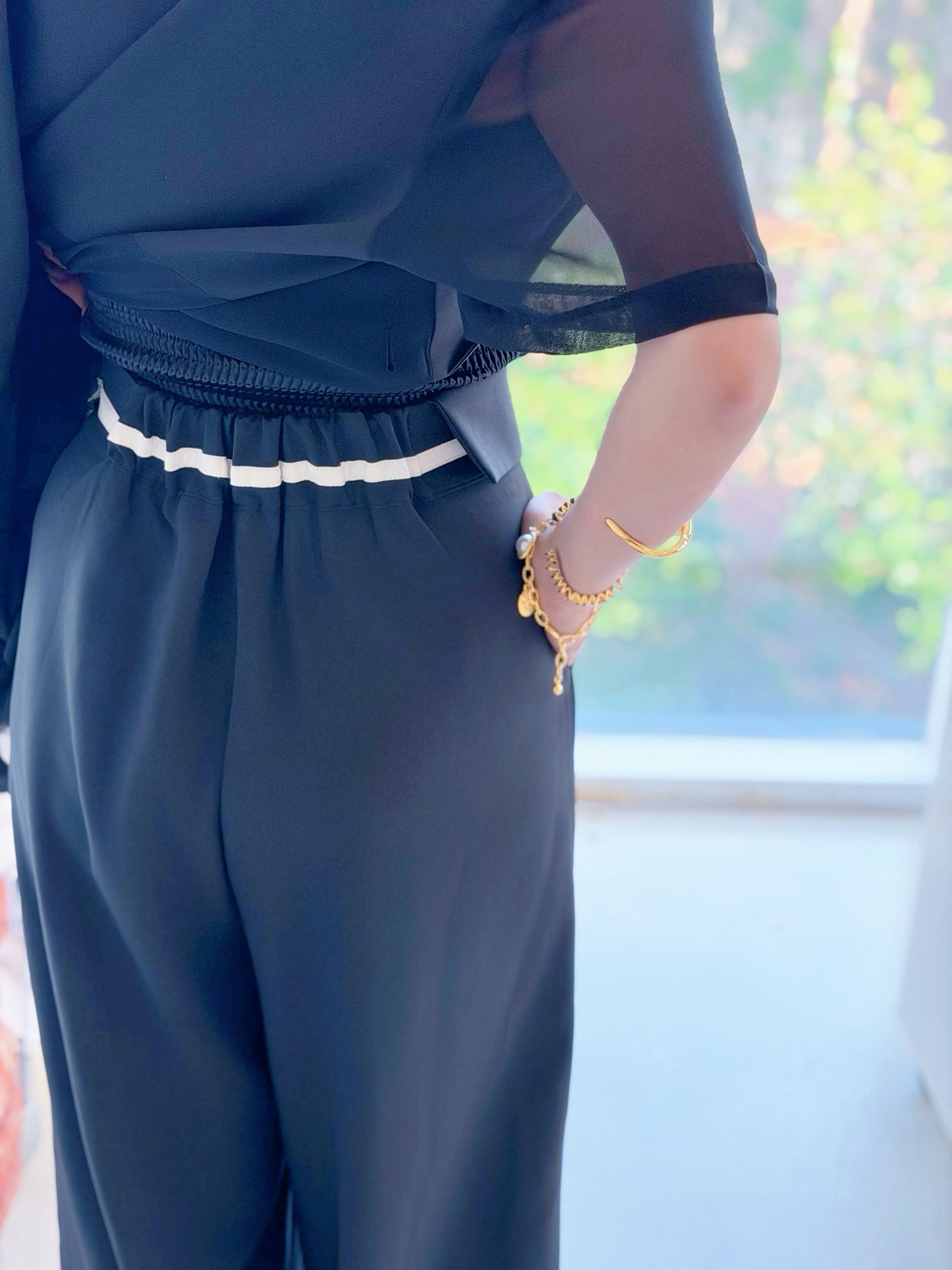 Half Collar Striped Waist Wide Leg Pants (2 Colours)
