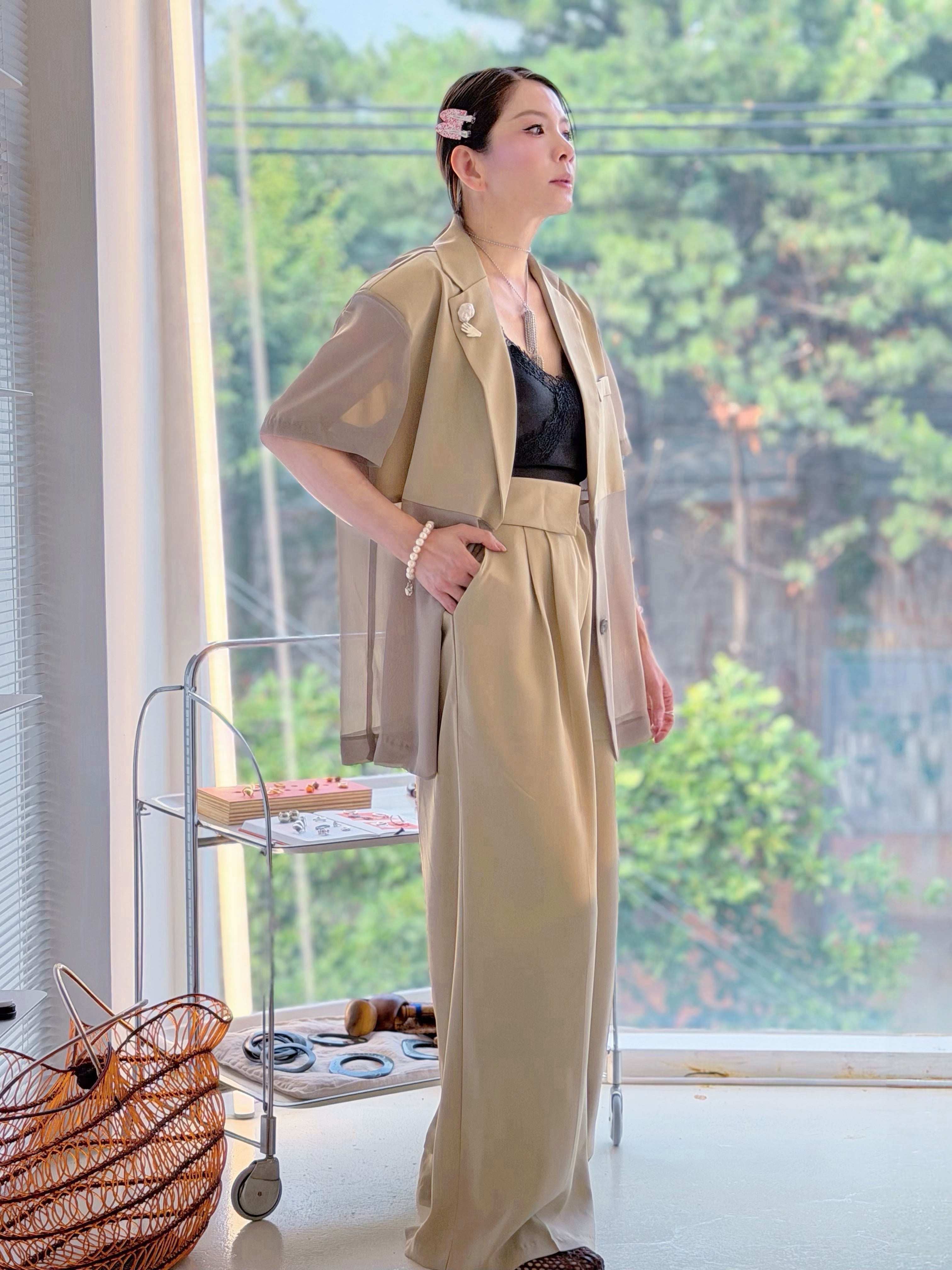 Half Collar Striped Waist Wide Leg Pants (2 Colours)