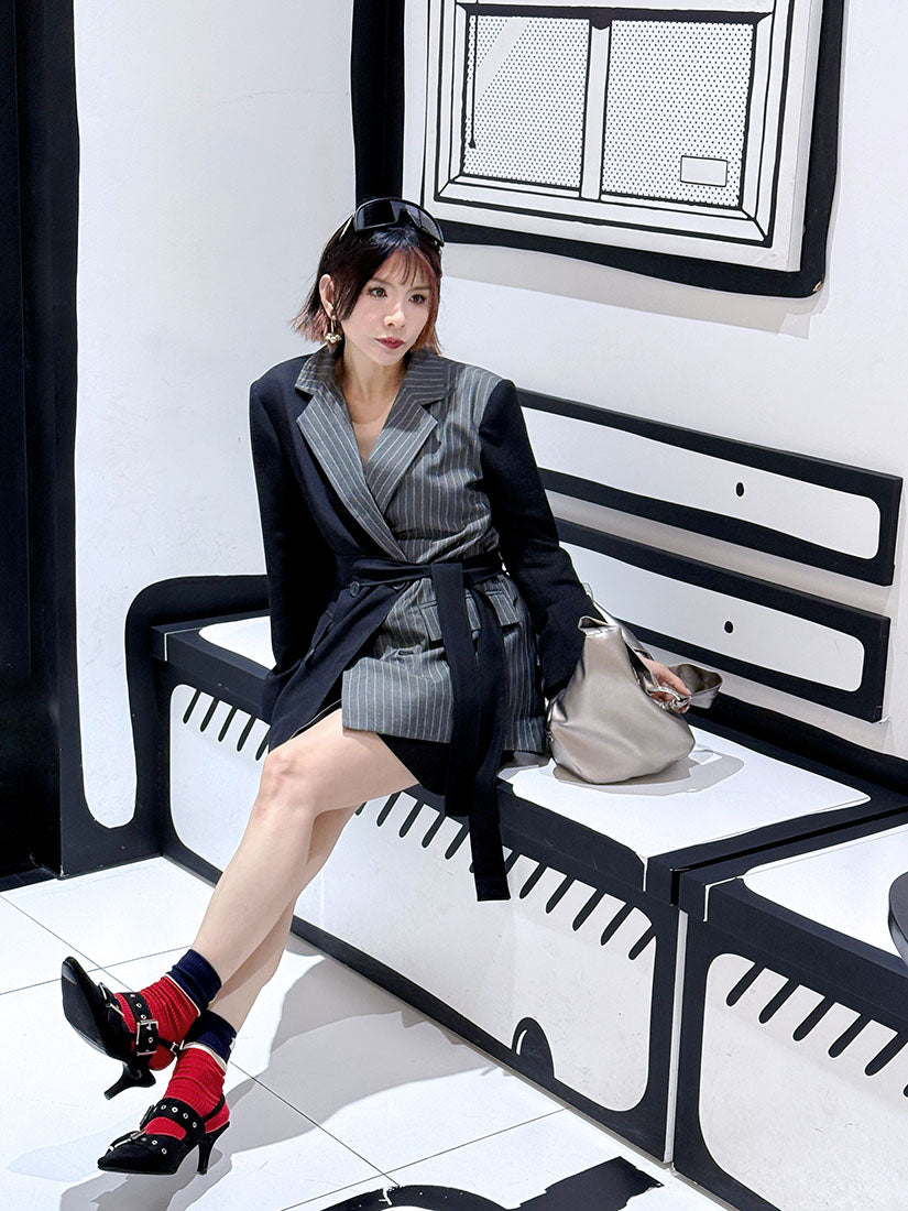 Asymmetrical Striped Panel Double Breasted Blazer