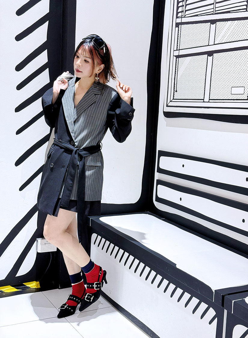 Asymmetrical Striped Panel Double Breasted Blazer