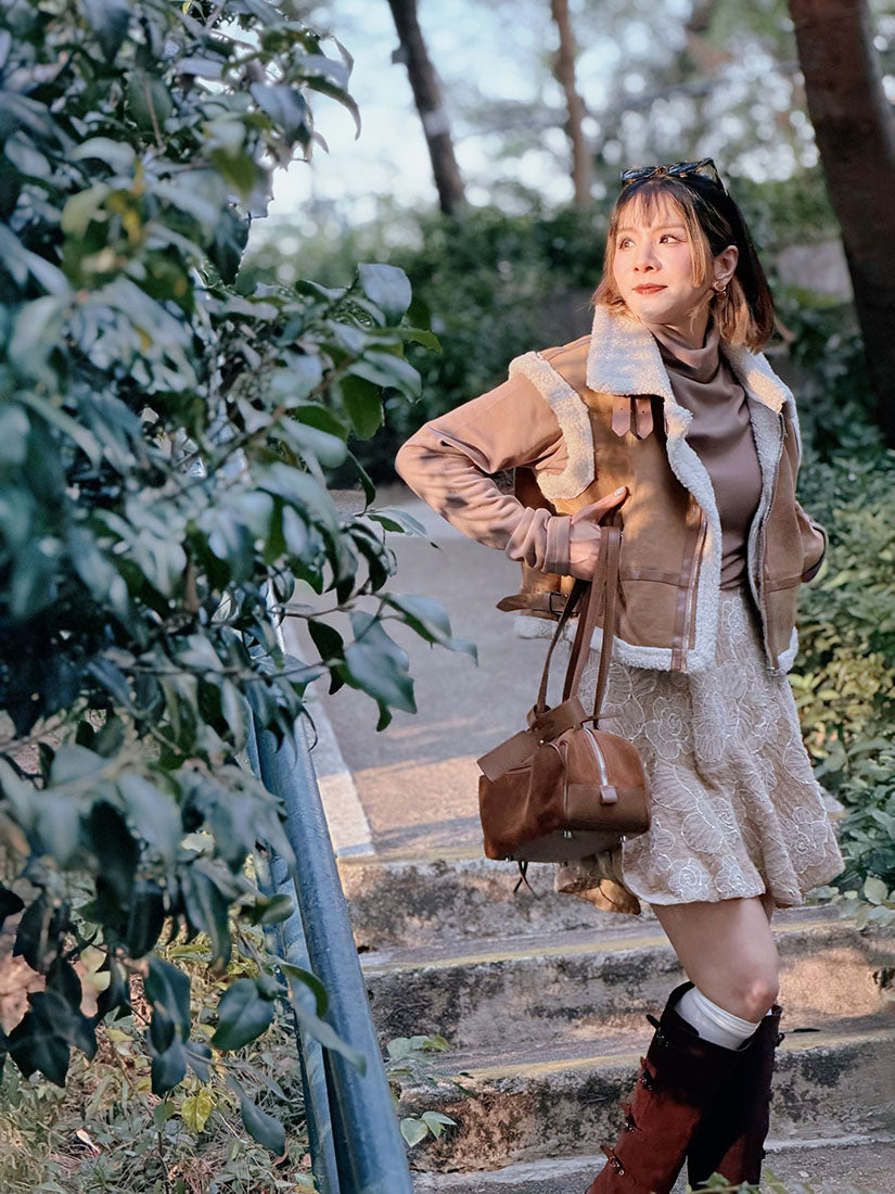 Leather Buckle Detailed Fleece Zip Up Vest Jacket (2 Colours)