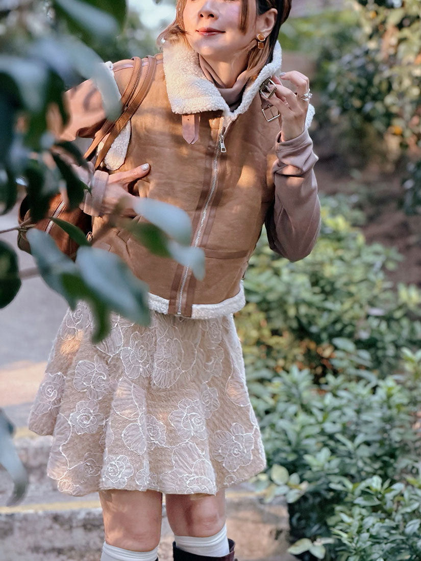 Textured Mesh Floral Embroidered Mini Skirt