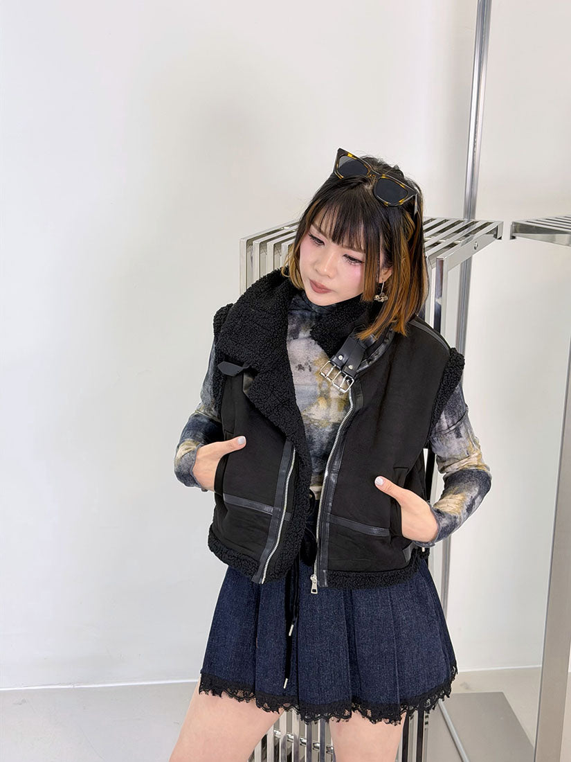 Leather Buckle Detailed Fleece Zip Up Vest Jacket (2 Colours)