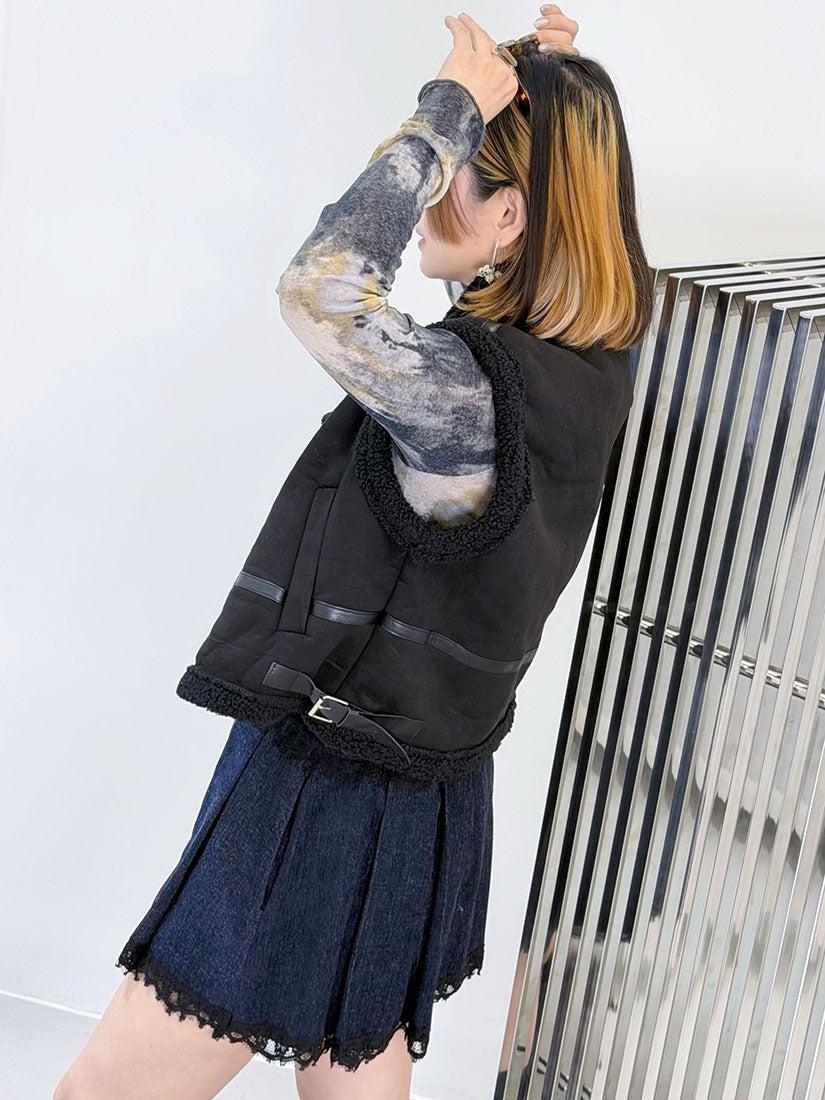 Leather Buckle Detailed Fleece Zip Up Vest Jacket (2 Colours)