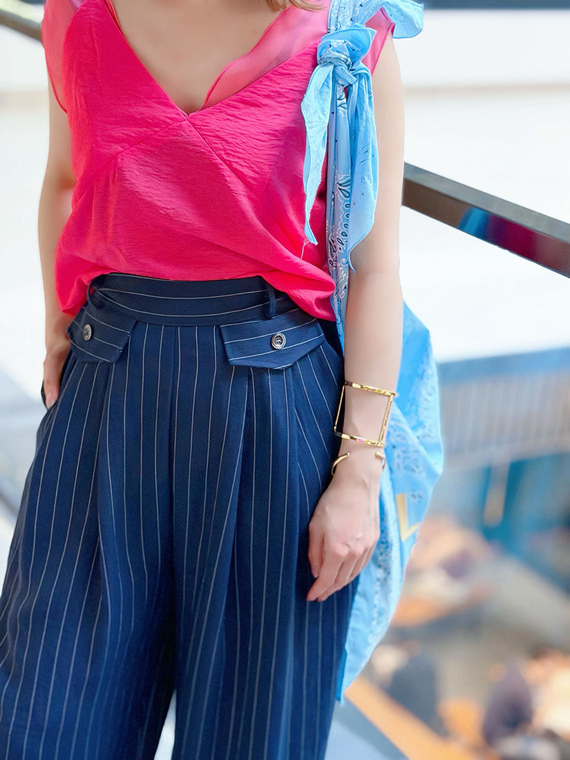 Flap Detailed Pin-Striped Wide Leg Pants (2 Colours)