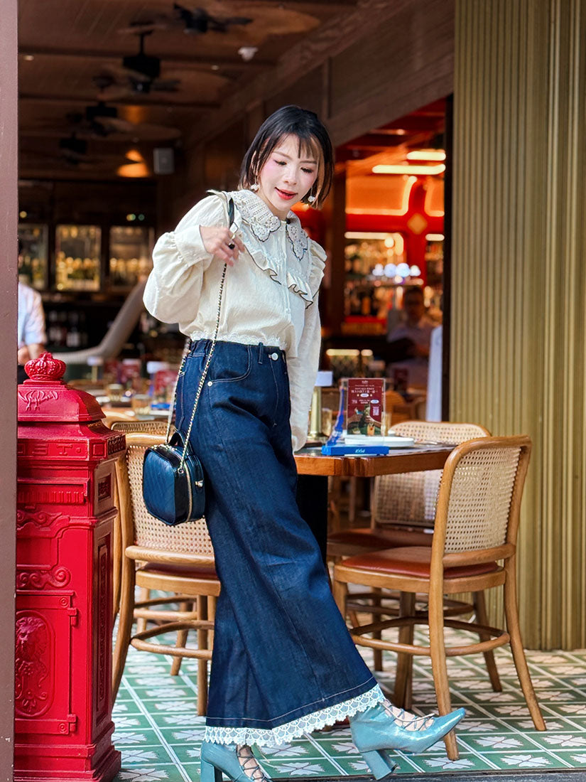 Lace Trim Denim Pants