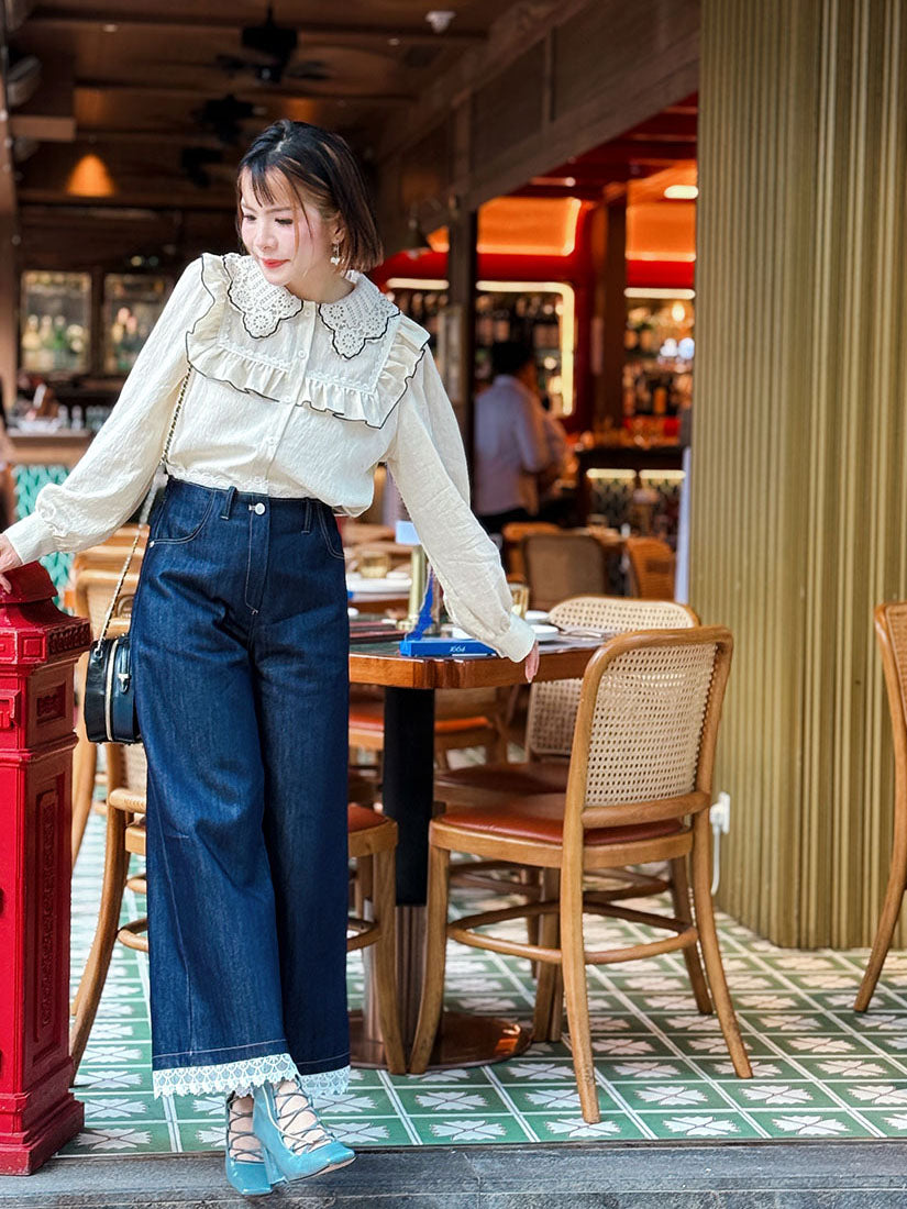 Lace Trim Denim Pants