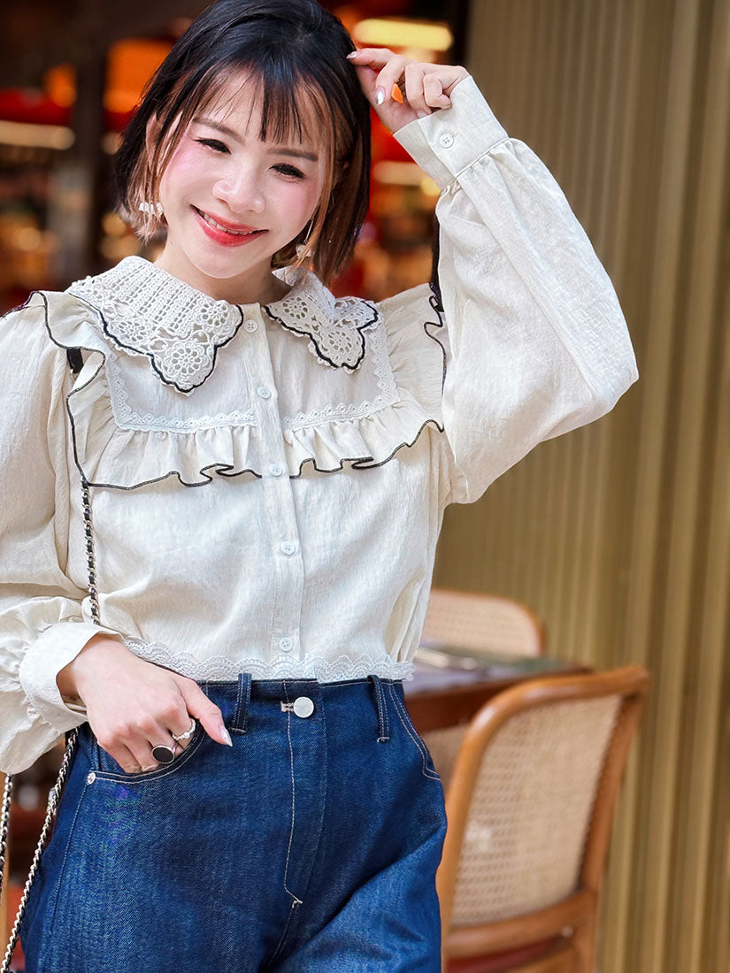 Lace Trim Denim Pants
