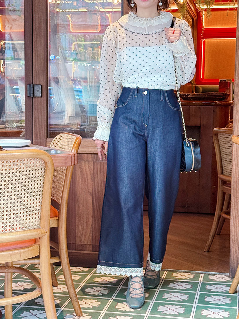 Lace Trim Denim Pants