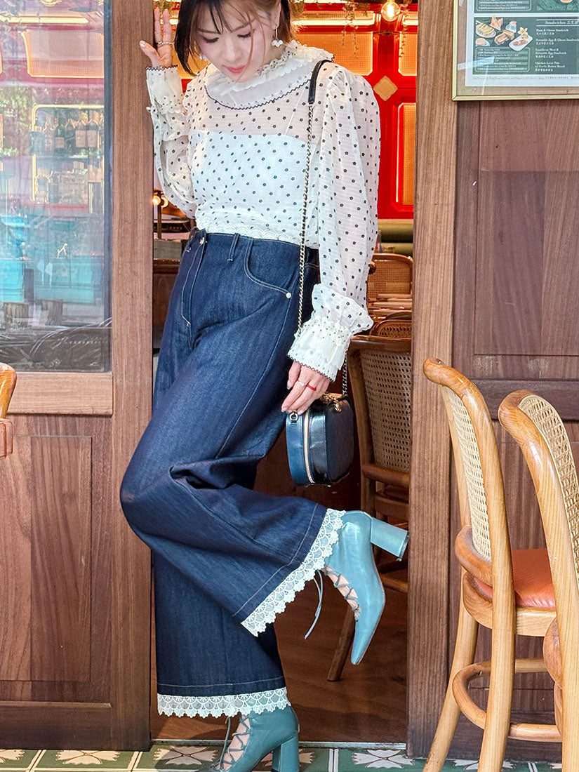 Lace Trim Denim Pants