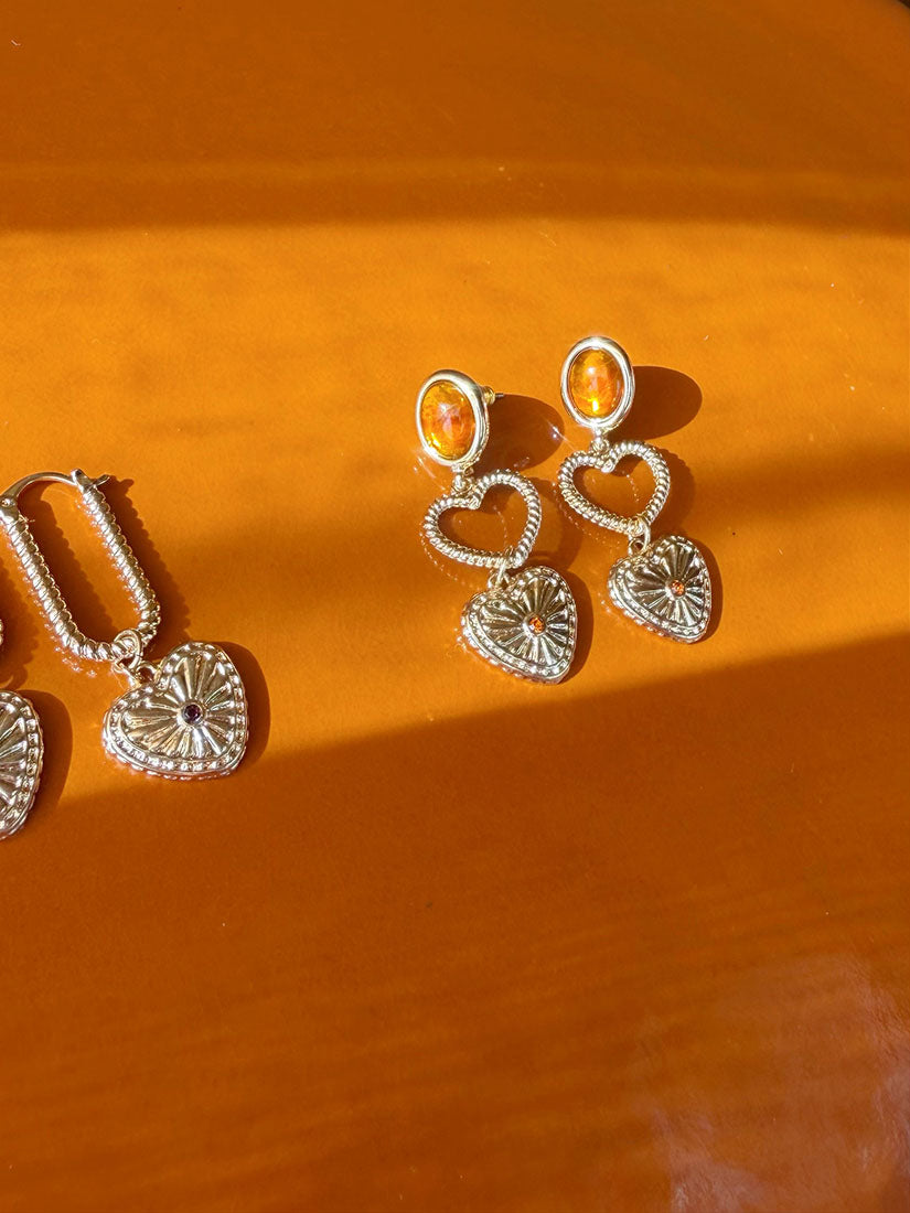 Gemstone And Chiseled Heart Earrings
