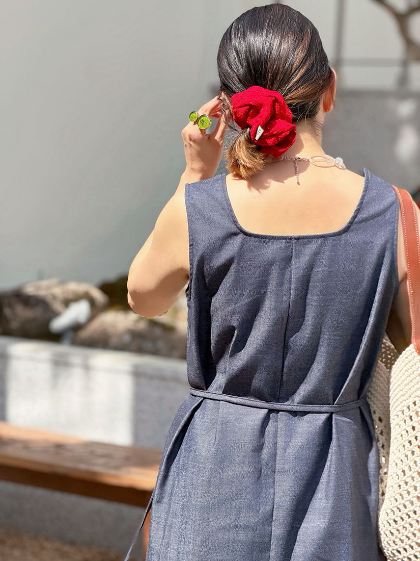 Square Neck Vest And Wide Lag Pants With Waist Bag Denim Set