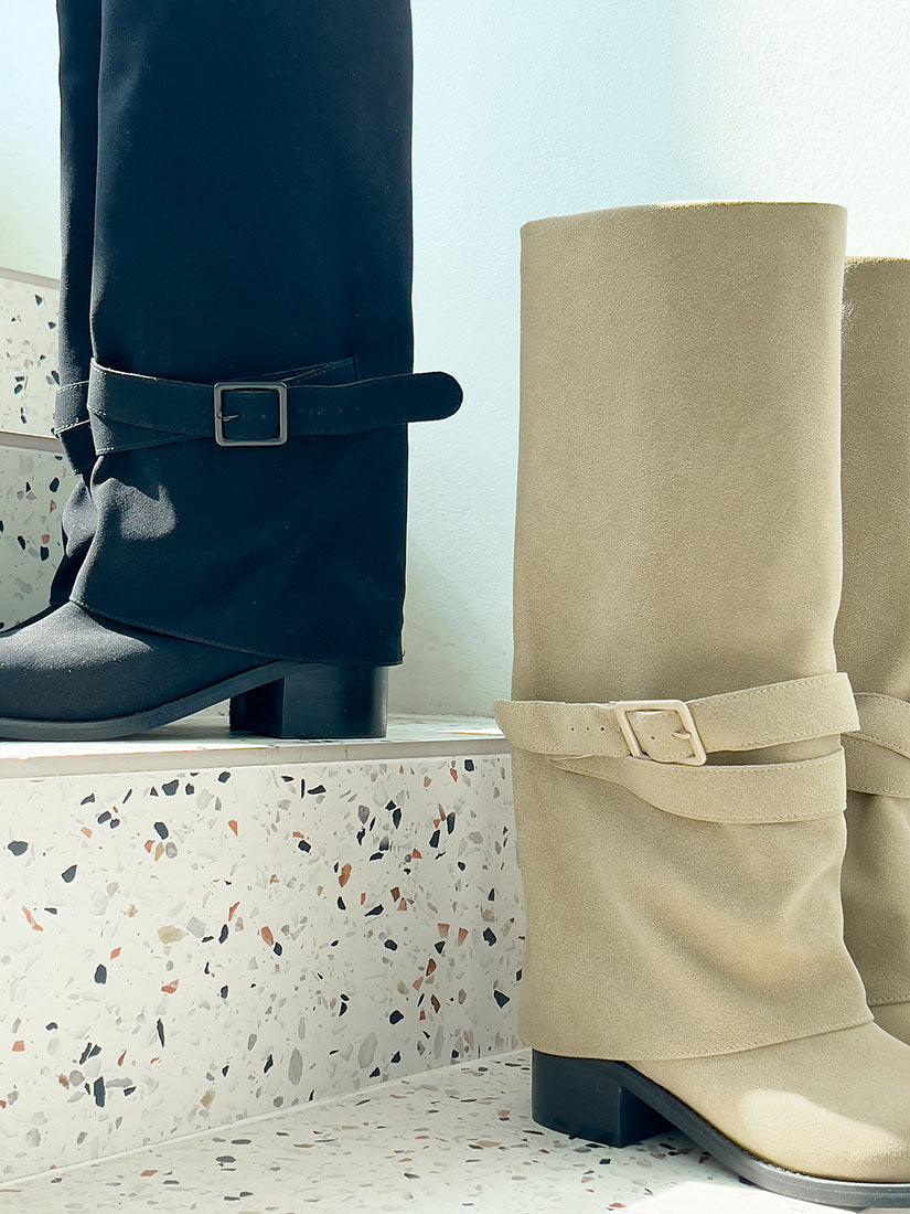 Buckle Belt Suede Tall Boots (2 Colours)