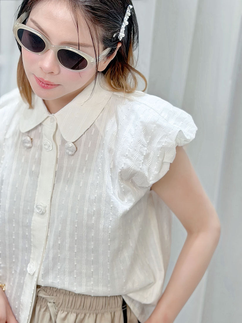 Ribbon Rose Button Texture Shirt (2 Colours)
