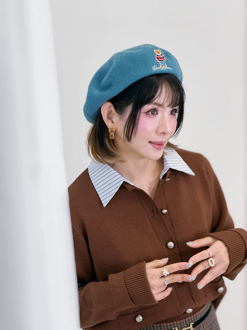 Bear Embroidered Woollen Beret (10 Colours)
