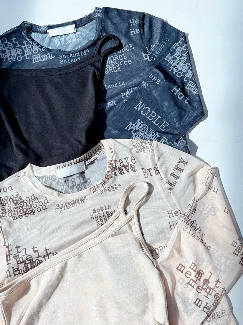 Typewriter Words Printed Mesh Top With One Shoulder Tank Top Set (2 Colours)