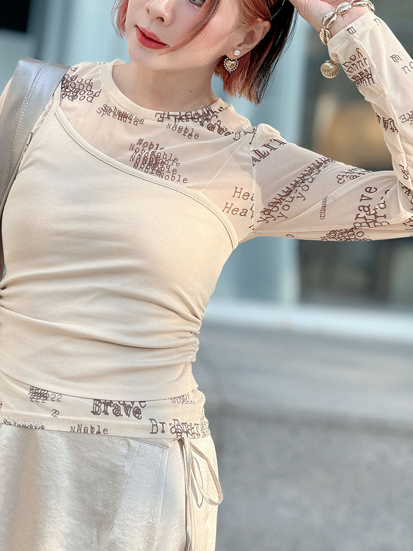 Typewriter Words Printed Mesh Top With One Shoulder Tank Top Set (2 Colours)