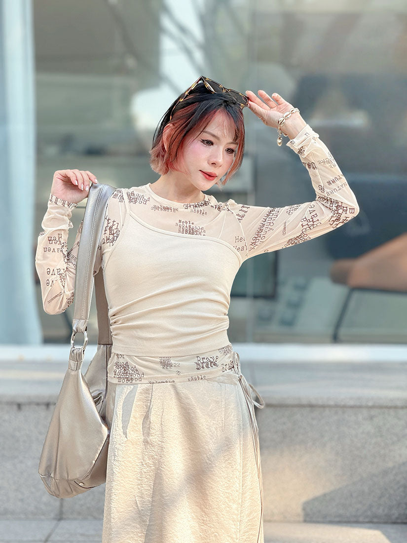 Typewriter Words Printed Mesh Top With One Shoulder Tank Top Set (2 Colours)
