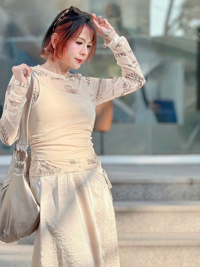 Typewriter Words Printed Mesh Top With One Shoulder Tank Top Set (2 Colours)