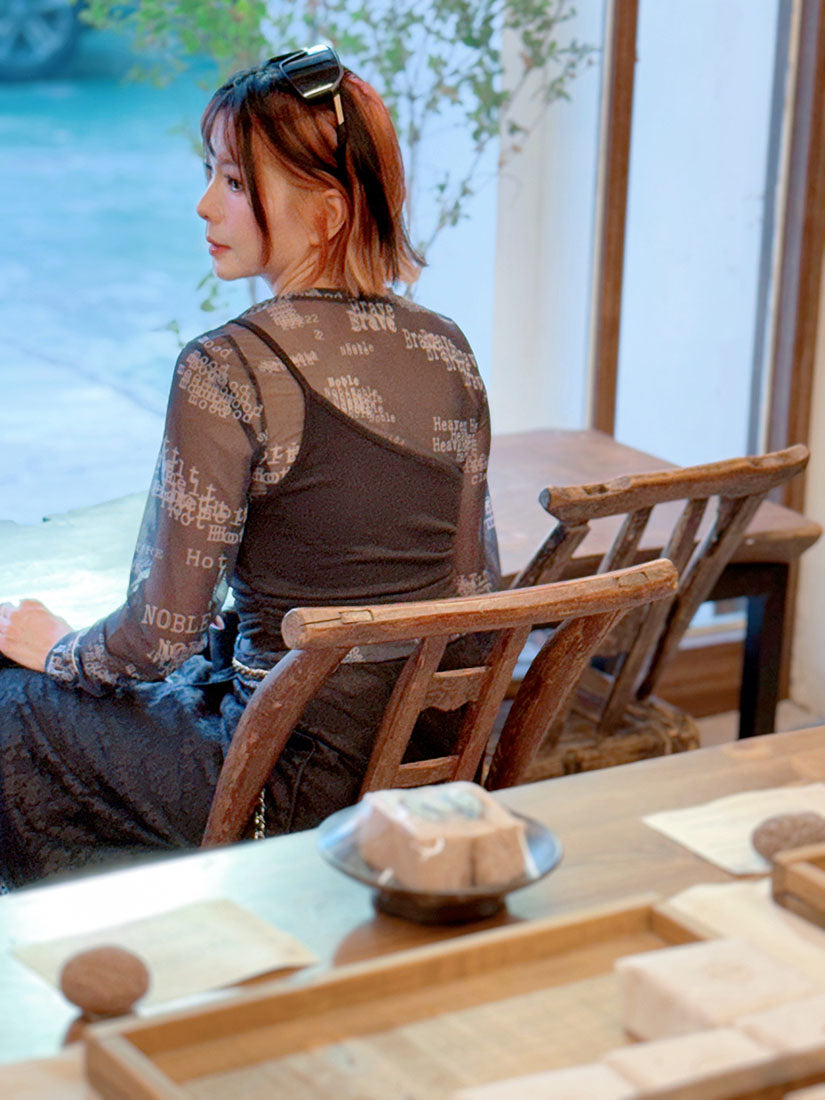 Typewriter Words Printed Mesh Top With One Shoulder Tank Top Set (2 Colours)
