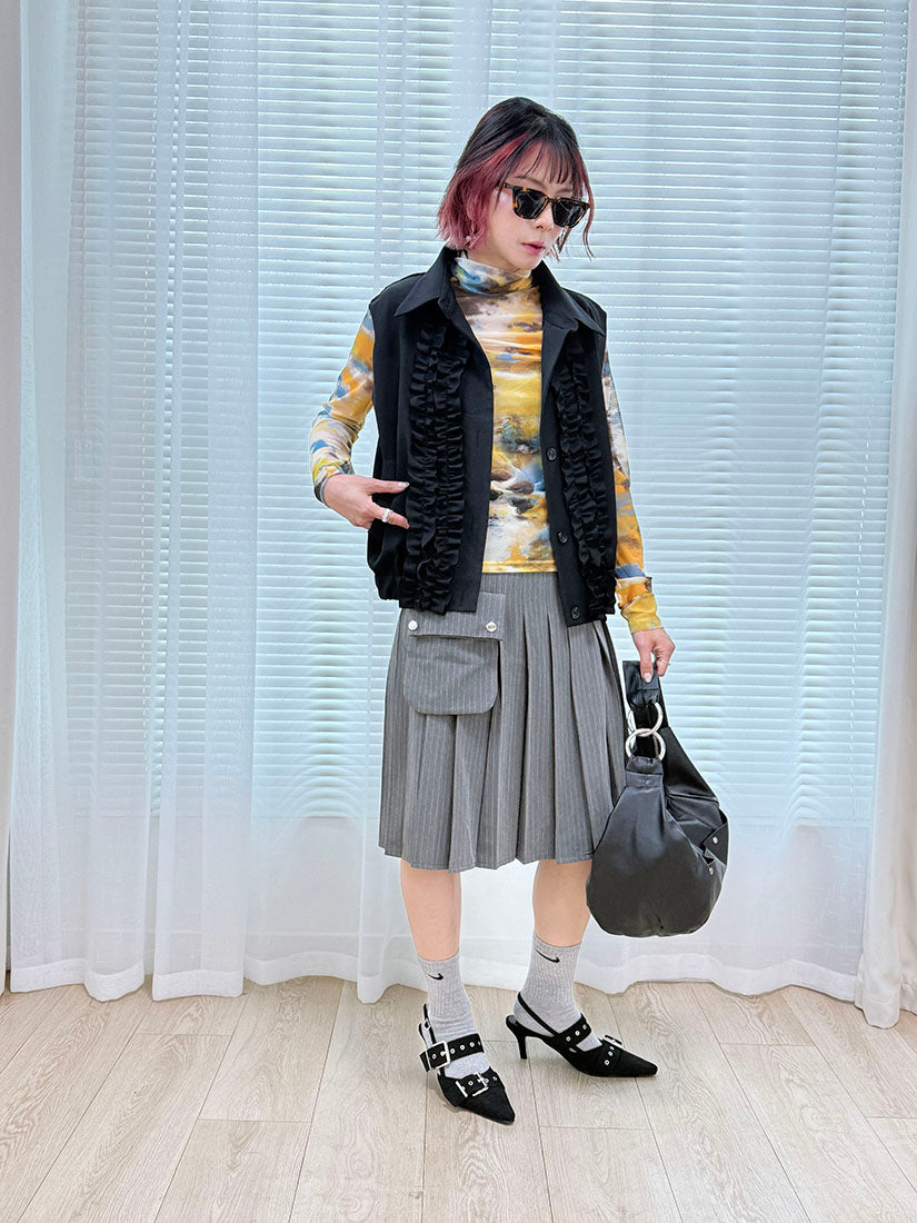 Ruffle Detail Stretchy Waist Vest Jacket (2 Colours)