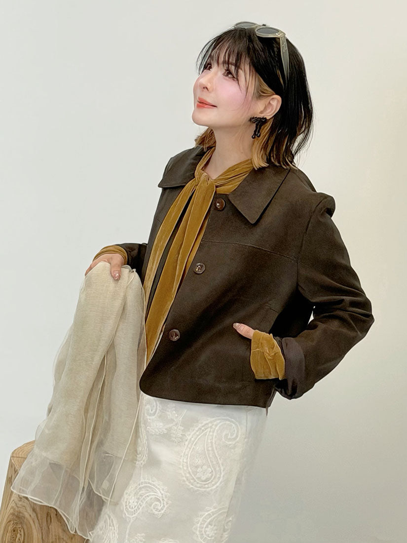 Suede Top With Scarf(3 Colours)