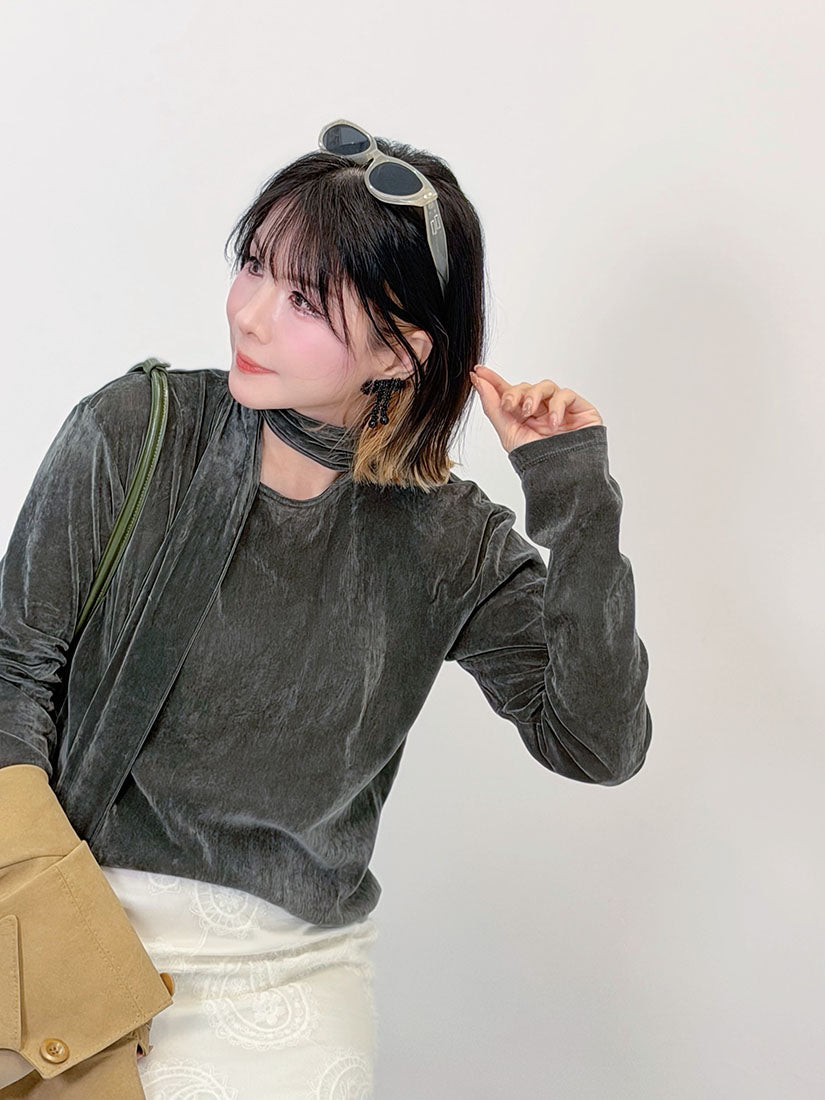 Suede Top With Scarf(3 Colours)