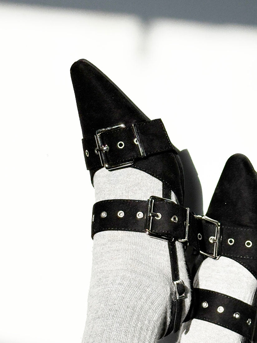 Buckle Suede Point Toe Mules (2 Colours)