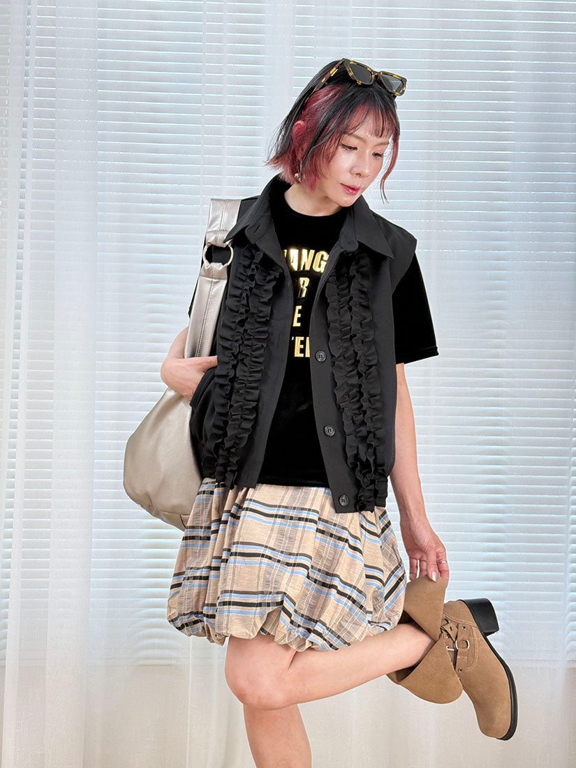 Drawstring Waist Plaid Bubble Skirt (2 Colours)