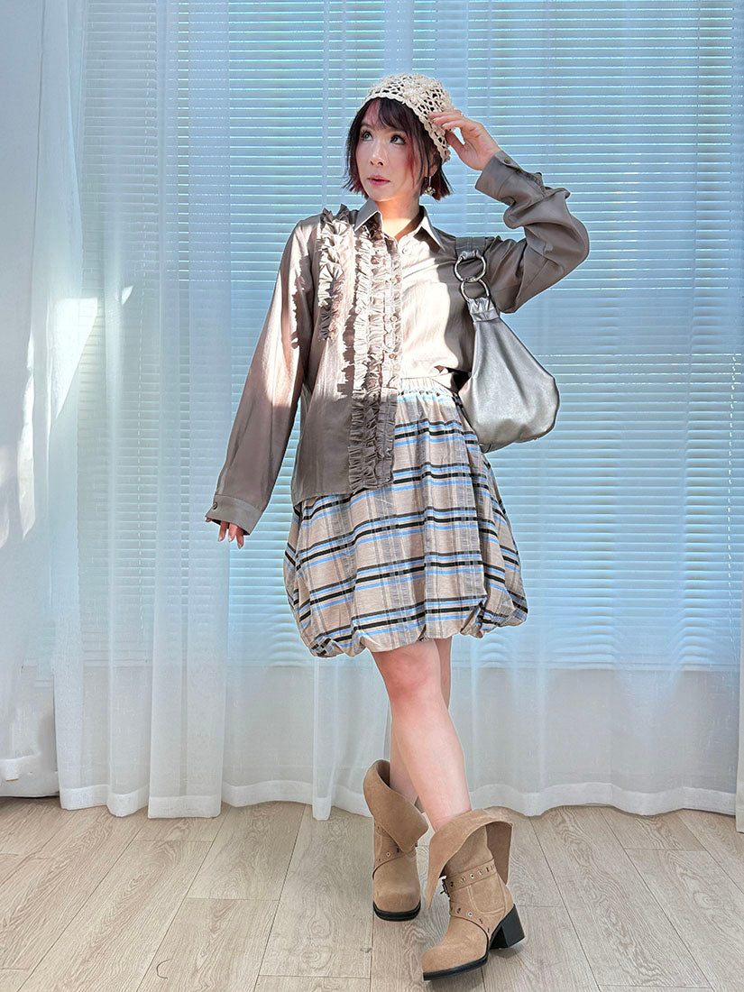 Drawstring Waist Plaid Bubble Skirt (2 Colours)