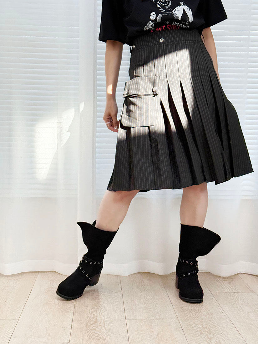 Detachable Pocket Pleated Stripe Skirt (2 Colours)